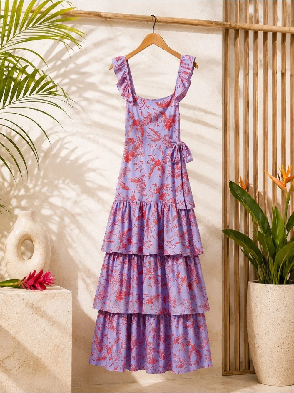 Likely Juno Lavender Tiered Ruffled Midi Dress w Bright Red Floral Design - Picture 2 of 10